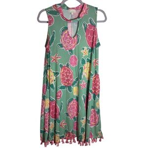Simply Southern Sea Turtle Topsail Print Sleeveless Keyhole Tassel Hem Dress Med